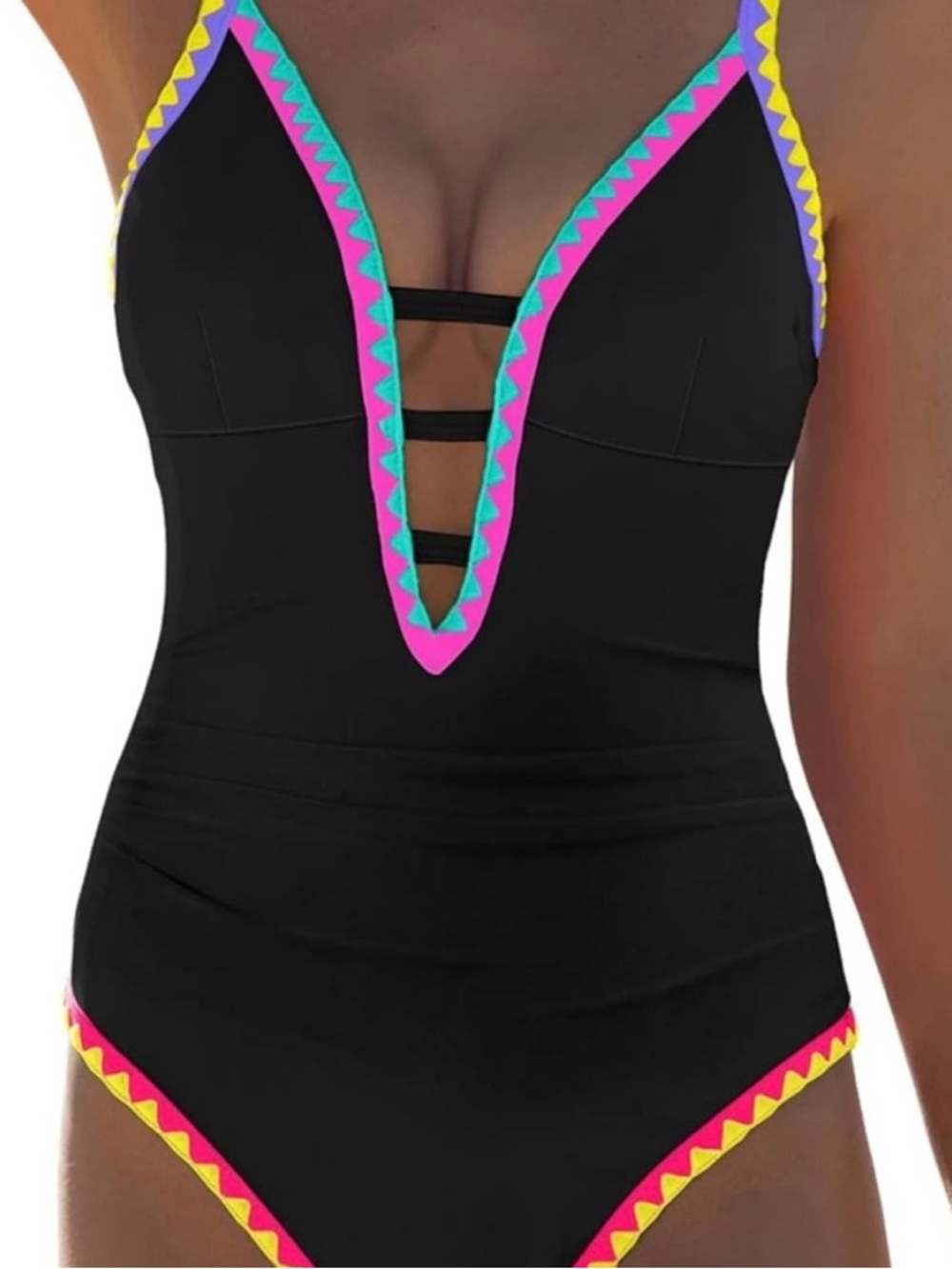 Black One-Piece Swimsuit with Neon Trim - Women